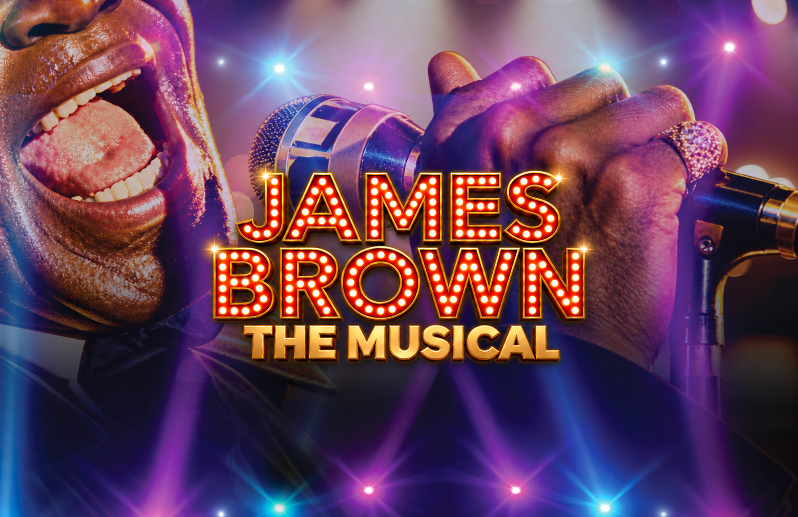 James Brown performing with a microphone, overlaid with the illuminated James Brown The Musical marquee logo.